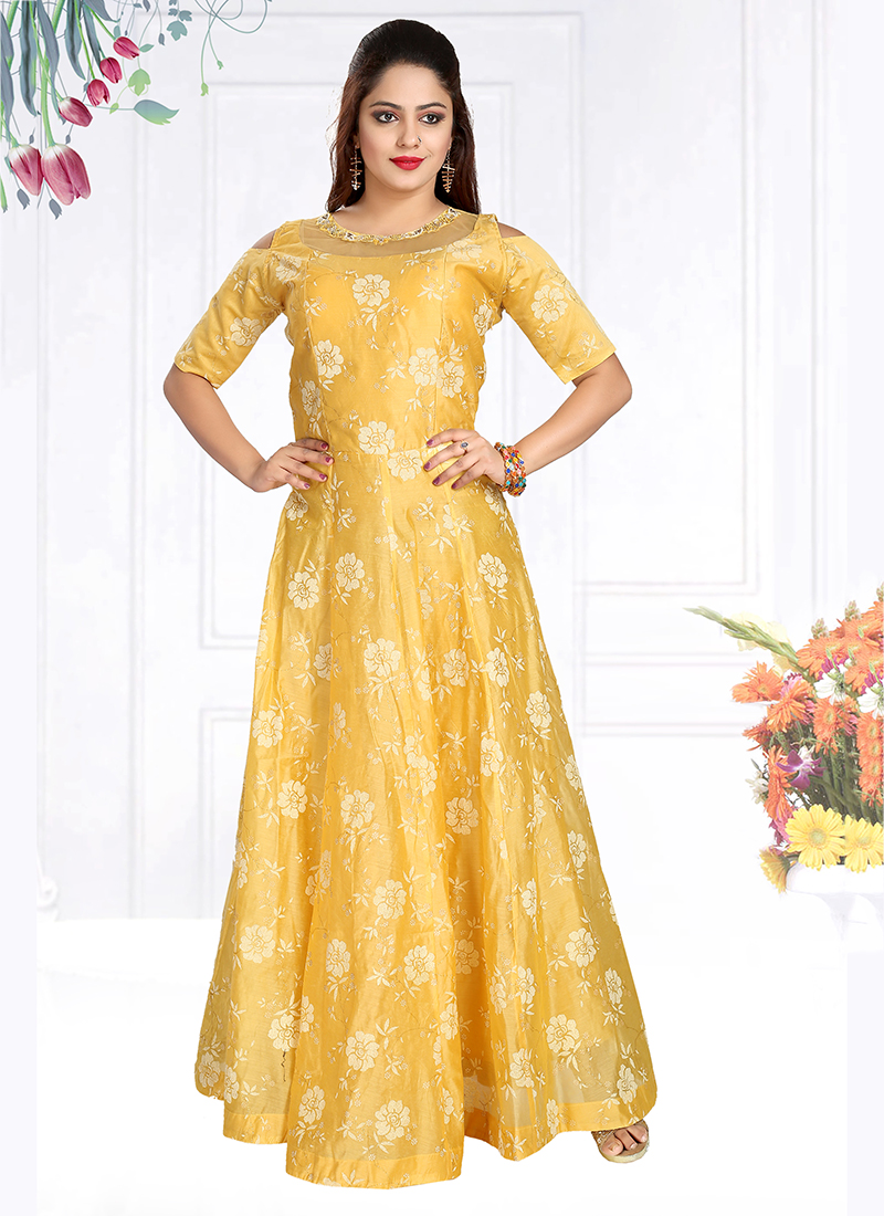 Buy Chanderi Silk Resham Work Readymade Long Length Gown Online