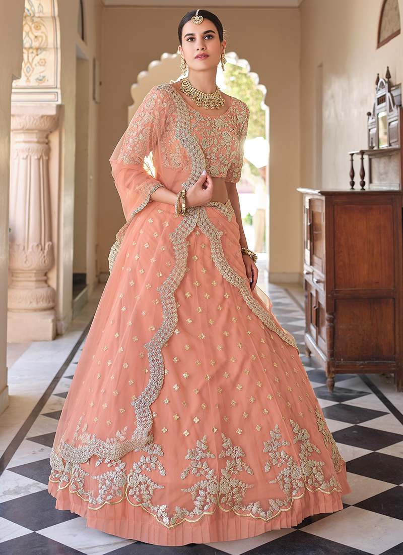 Buy Peach Net Wedding Wear Dori Work Lehenga Choli Online From