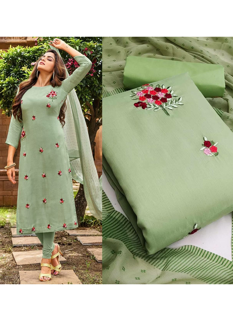 Buy Pista green Chanderi Cotton Casual Wear Embroidery Work ...