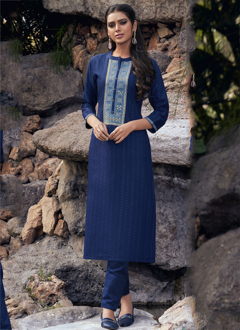 Navy blue colour rayon silk kurti with beautiful aari embroidery gives