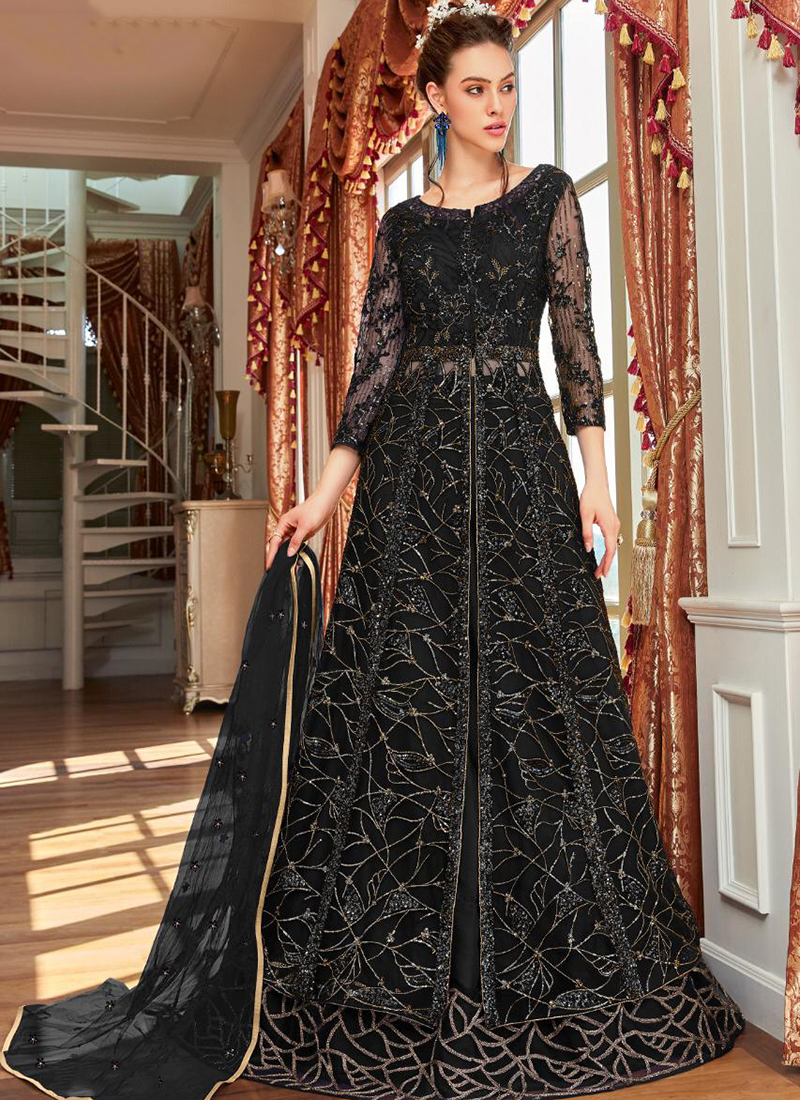 Buy Black Net Wedding Wear Sequins Work Indo Western Salwar Suit Online ...