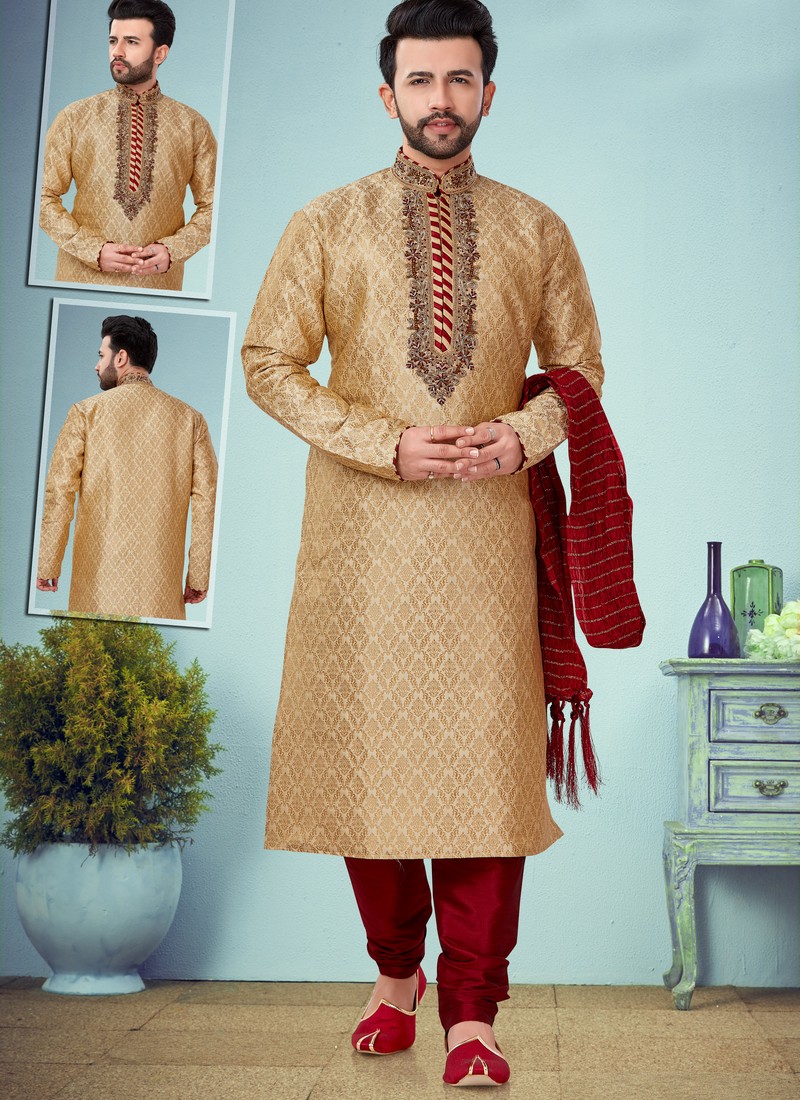 Buy Beige Jacquard Festival Wear Fancy Kurta Pajama Online From ...