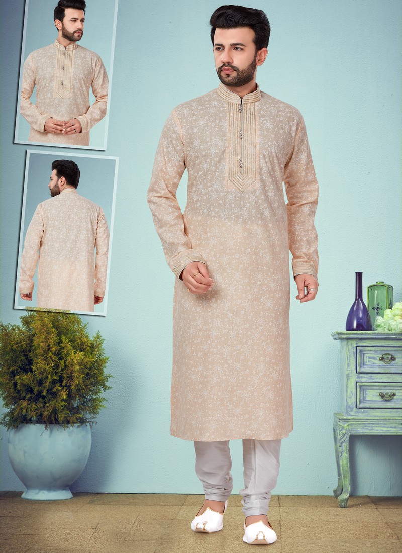 Buy Peach Cream Printed Cotton Silk Wedding Wear Fancy Kurta Pajama ...