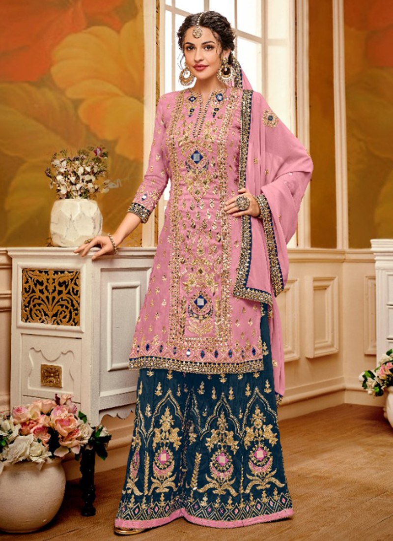 Buy Pink Georgette Wedding Wear Embroidery Work Sharara Suit Online ...