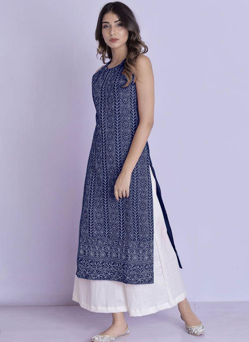 Reyon Royal Blue Color Party Wear Kurti Palazzo Set