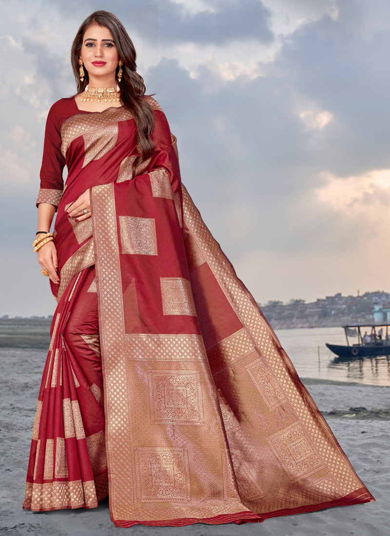 Buy Red Banarasi Silk Party Wear Weaving Saree Online From ...