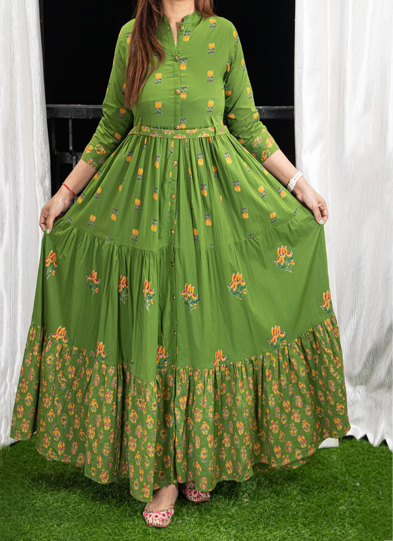 Buy Light Green Cotton Festival Wear Digital Printed Long Gown ...