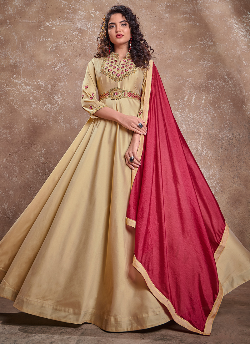 Buy Beige Silk Party Wear Embroidery Work Gown With Dupatta ...