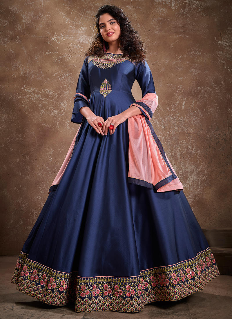 Buy Trinket Women's Fit & Flare Georgette Western Embroidered Round Neck  3/4 Sleeve Maxi Blue Gown with Dupatta_Combo of 2 at Amazon.in