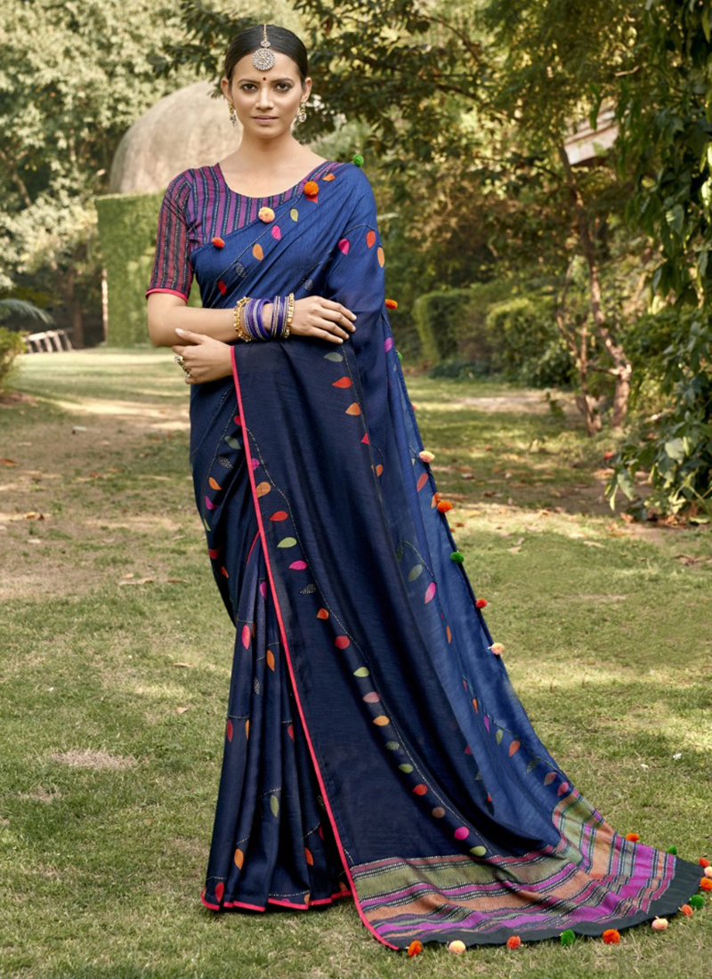 navy blue plain saree with designer blouse