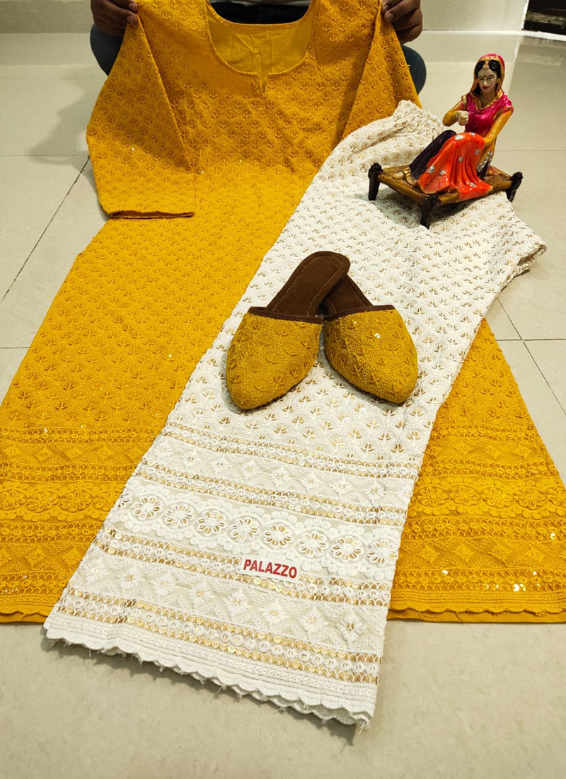 Festival Special Indian Yellow Chikan Kurti Palazzo Pants & Phulkari  Dupatta | eBay