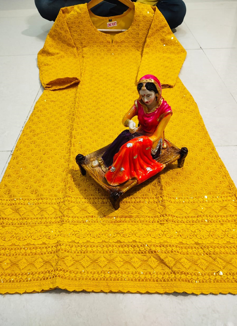 Yellow Long Chikankari Cotton Angarkha style Kurti - RZUstyle
