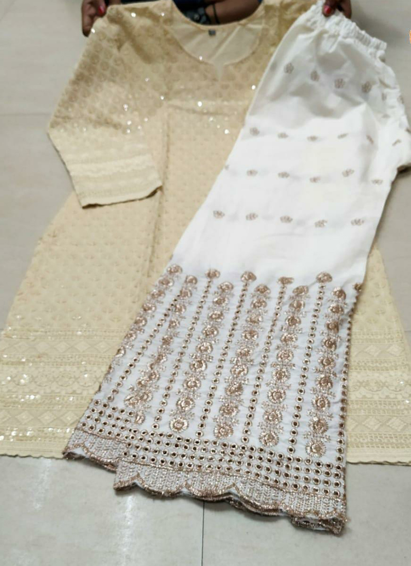 Cream Pure Cotton Party Wear Chikan Work Kurti With Palazzo VPC10 3