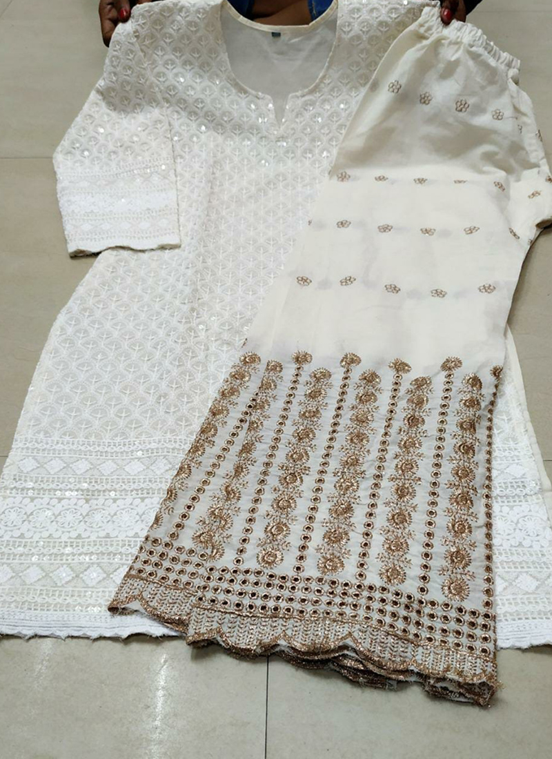 Buy White Pure Cotton Party Wear Chikan Work Kurti With Palazzo