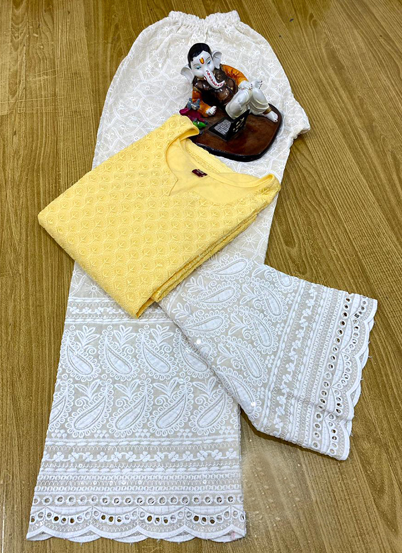 Yellow Pure Cotton Festival Wear Chikan Work Kurti With Palazzo VPC14 10