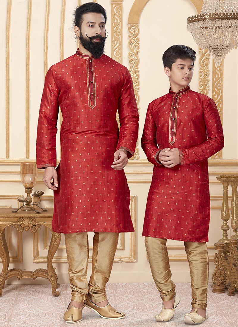 Buy Red Silk Traditional Wear Weaving Kurta Pajama Online From ...