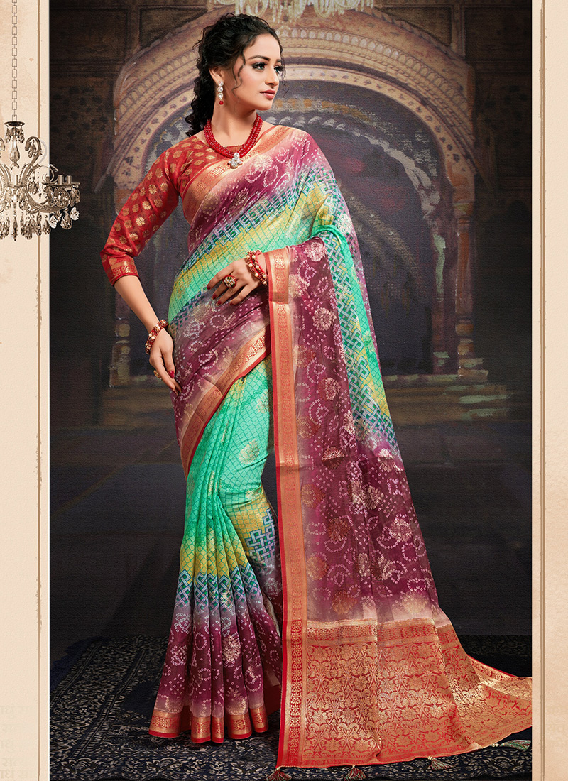 Multi Color Chanderi Jacquard Wedding Wear Digital Printed Saree Padmavati 5046