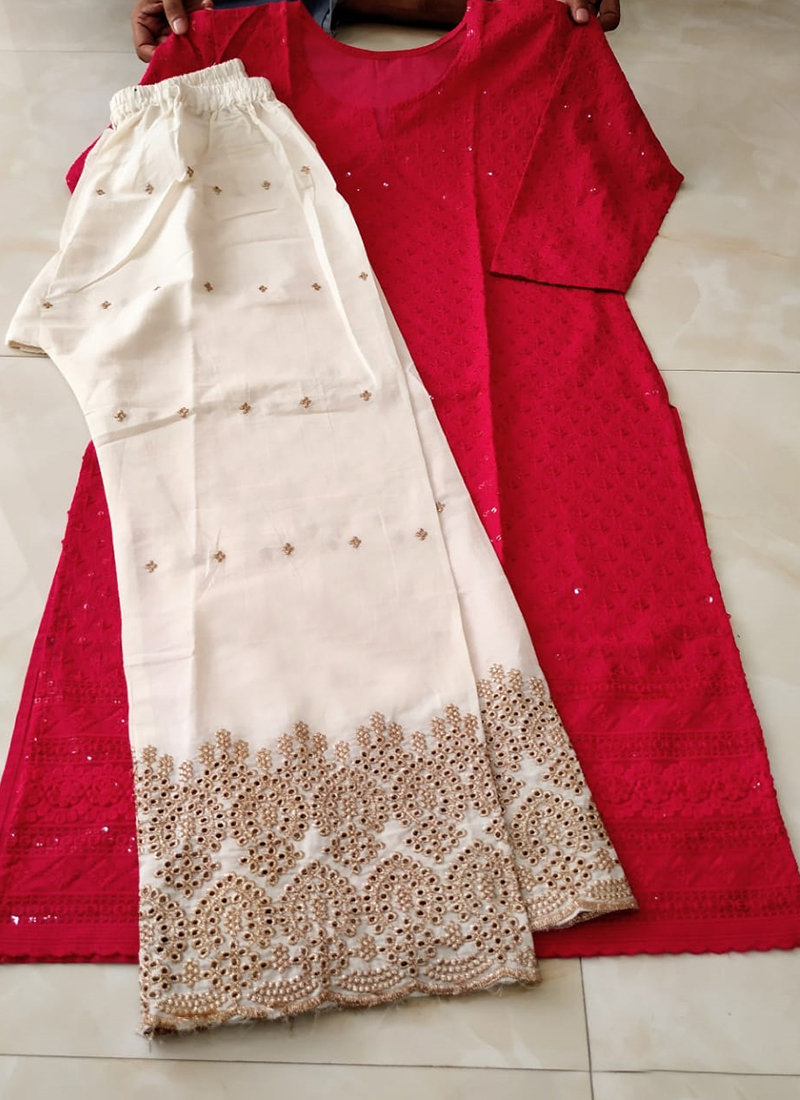 Buy Traditional Wear Cream Pure Cotton Chikan Work Kurti With Palazzo Online