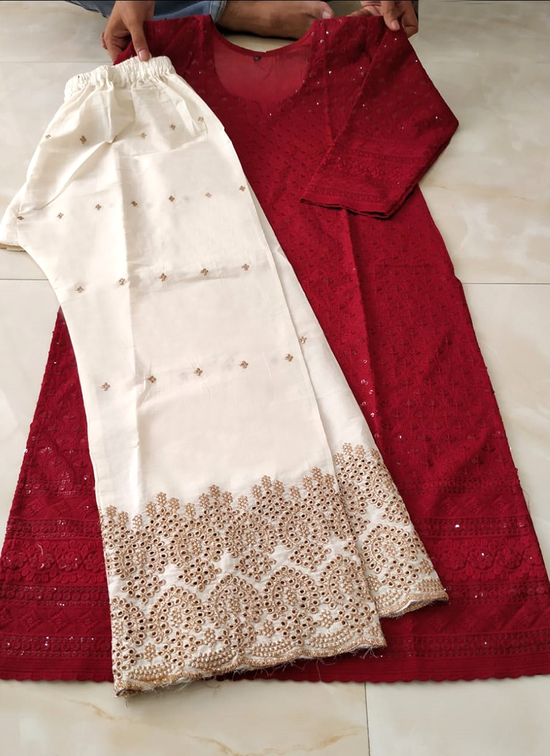 White Chikankari Suit , Embroidery On The Neck. Stripe Georgette Pants With  Organza Printed Dupatta. - Soniya G