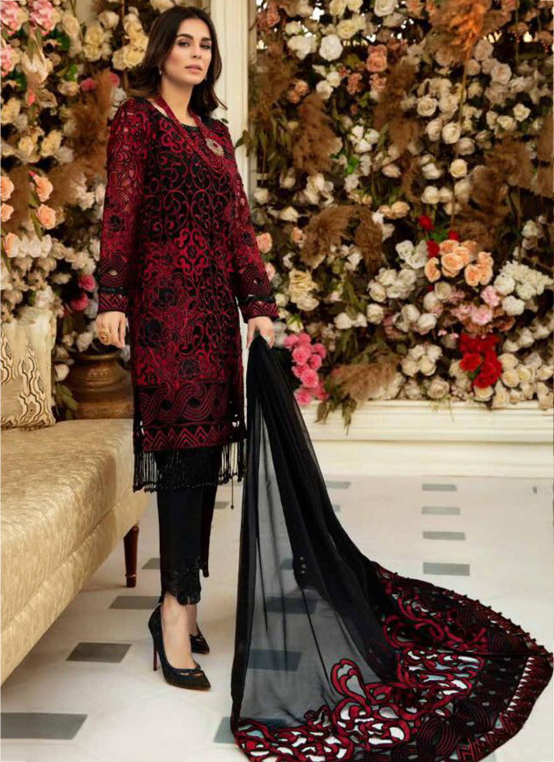 Beautiful fancy net dress in black and red color # P2283