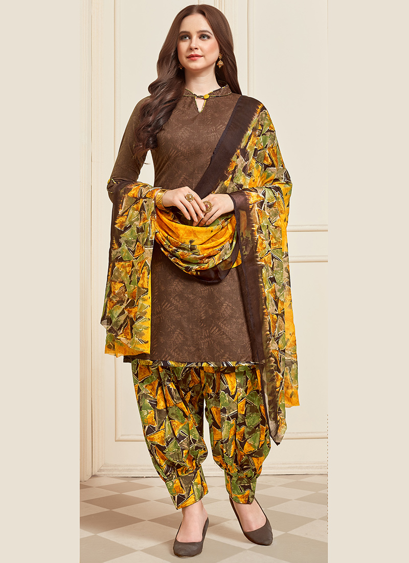 Buy Brown Cotton Daily Wear Printed Work Patiyala Suit Online ...