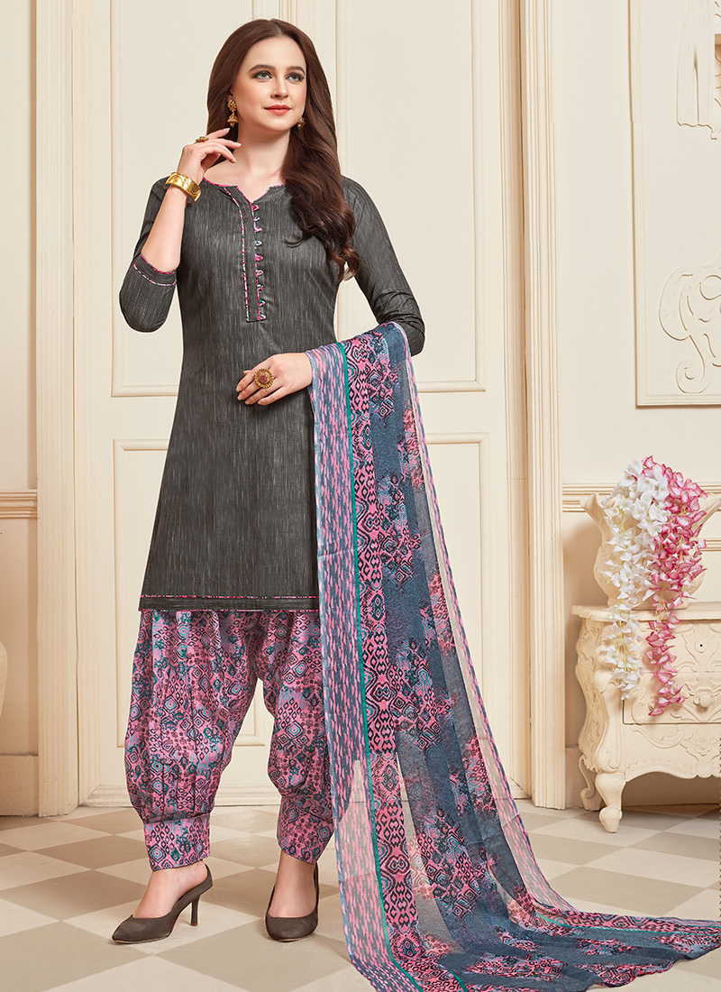 Buy Dark Grey Cotton Daily Wear Printed Work Patiyala Suit Online ...