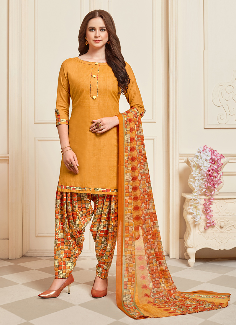 Buy Yellow Cotton Daily Wear Printed Work Patiyala Suit Online ...