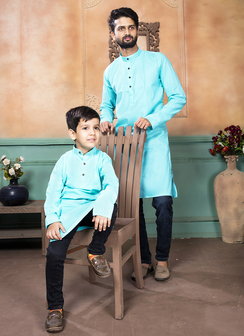 Sky Blue Pure Cotton Traditional Wear Plain Kurta Pajama 1303