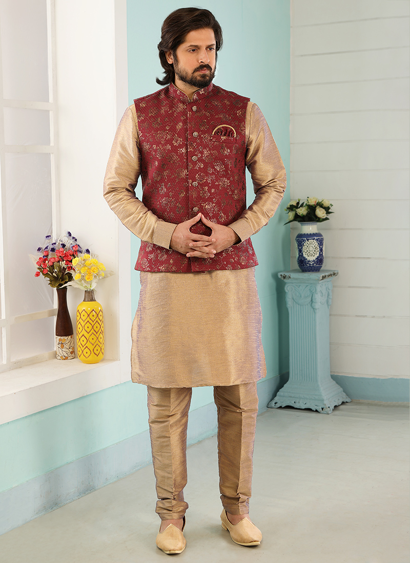 Buy Maroon Beige Art Banarasi Silk Party Wear Jacquard Kurta Pajama With  Jacket Online From Wholesale Salwar.