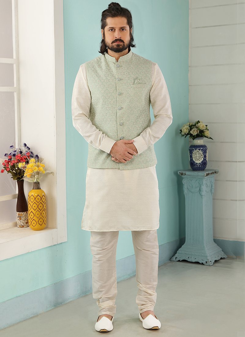 Buy Party Wear Pista Green Fancy Work Jaquard Banarasi Silk Kurta Pajama  With Jacket Online From Surat Wholesale Shop.