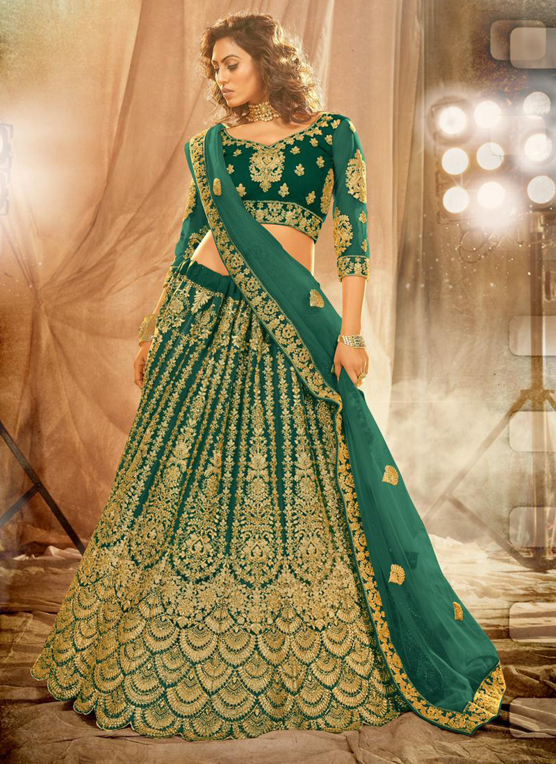 Shop Green Velvet Embroidered Cord Work Umbrella Lehenga Wedding Wear Online  at Best Price | Cbazaar