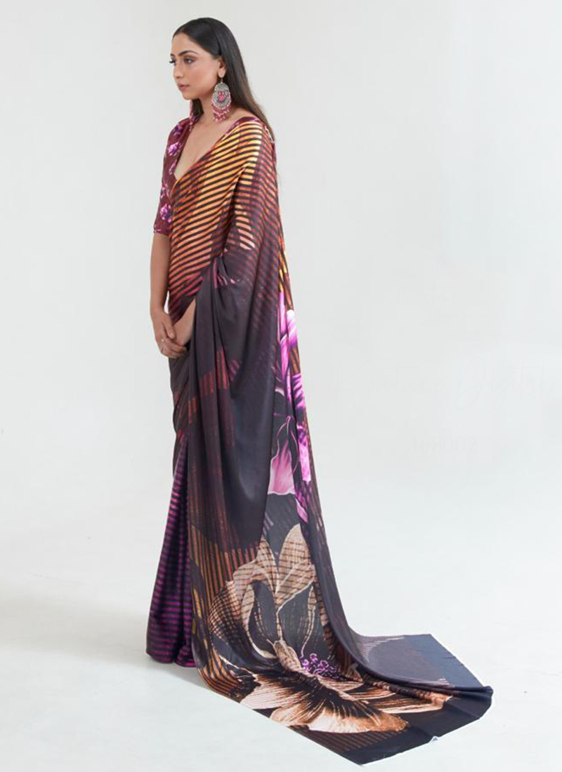 Women's And Girl's Readymade Japanese Crepe Saree With Stitched