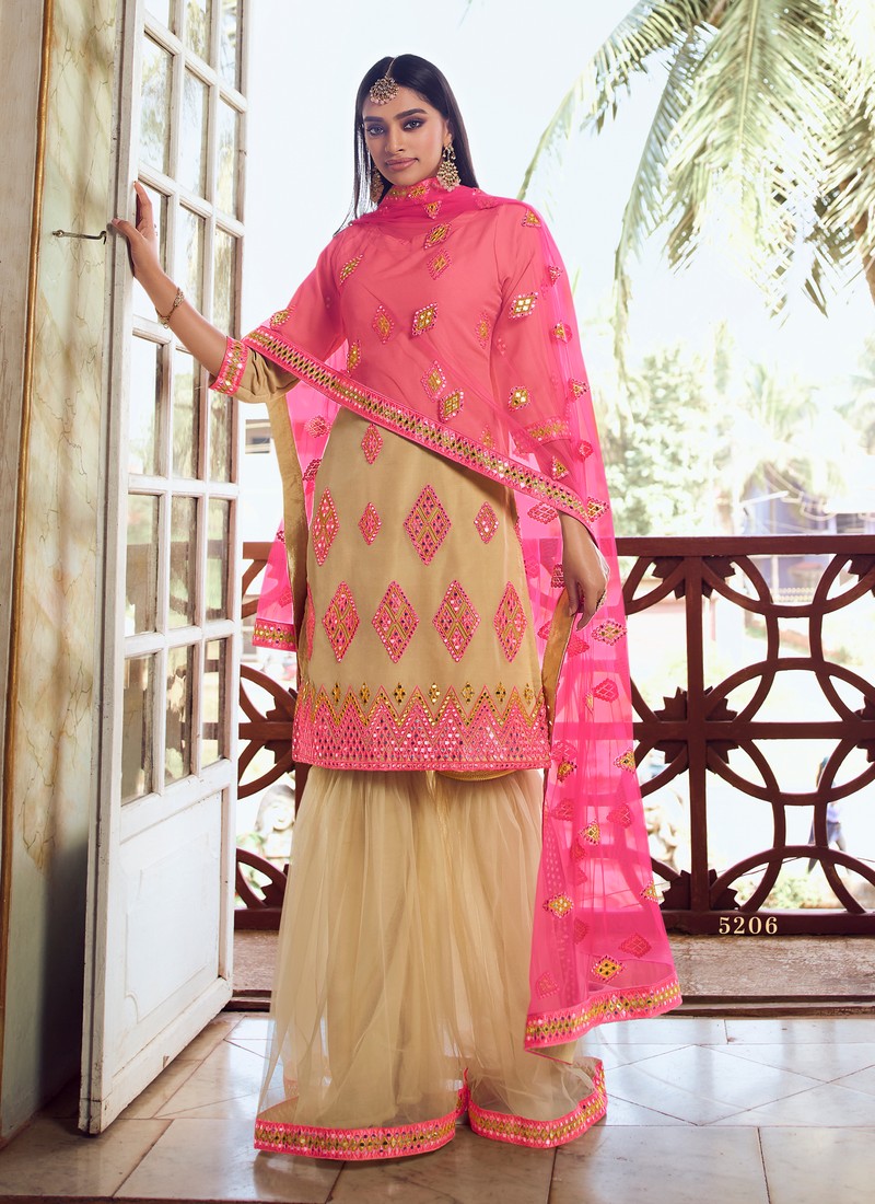 Arya Designer Blush Organza Party Wear Foil Mirror Sharara Suits ...