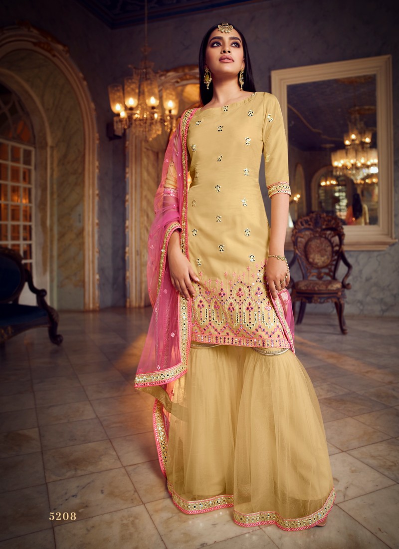 Arya Designer Blush Organza Party Wear Foil Mirror Sharara Suits ...