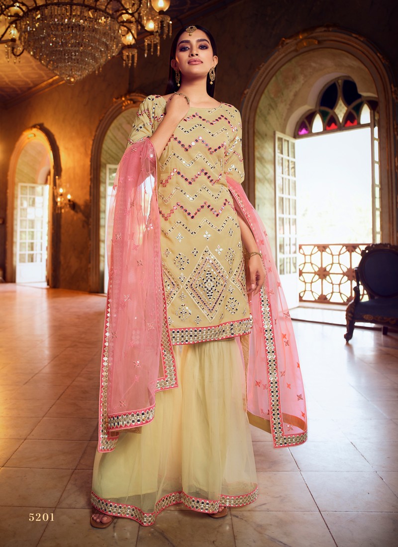 Arya Designer Blush Organza Party Wear Foil Mirror Sharara Suits ...