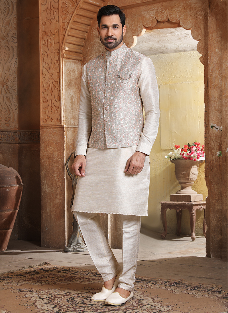 Jacquard Banarasi Silk Aligadhi Pant Readymade 3 Pcs Jacket Set Collection  Catalog
