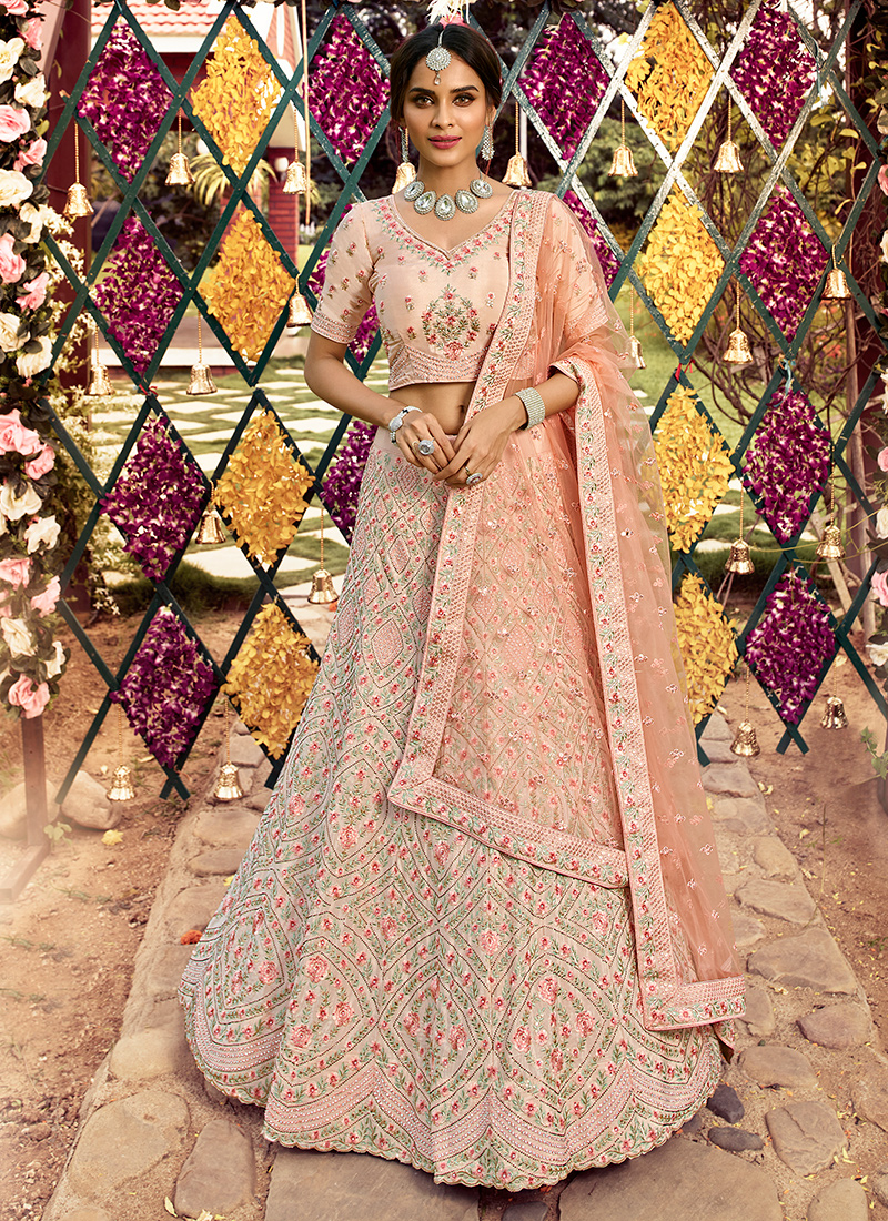 Pleasing Peach Color Georgette Base With Sequins And Resham Work Lehenga  Choli