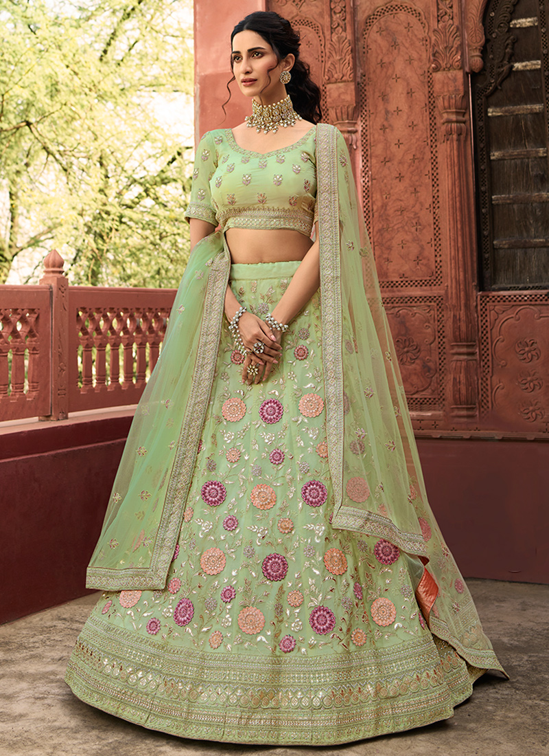 Peach And Light Green Silk Lehenga Choli - Lehengas Designer Collection