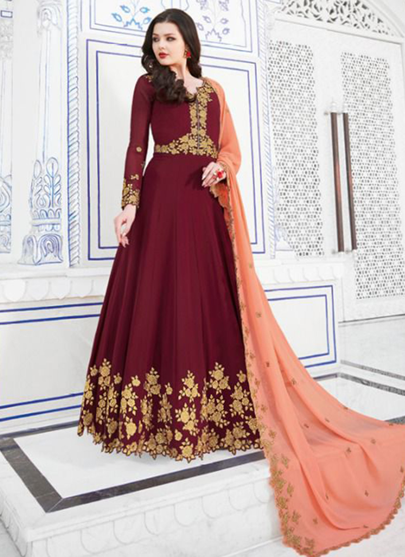 Buy Red Soft Georgette Party Wear Embroidery Work Anarkali Suit ...