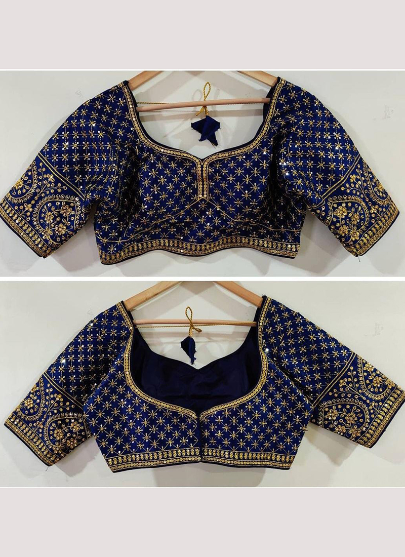 Buy Navy Blue Silk Traditional Wear Maggam Work Blouse Online From ...