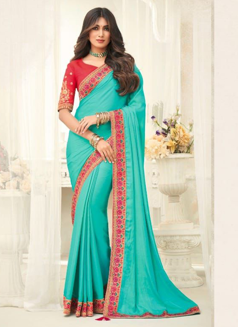 Buy Turquoise Blue Silk Party Wear Border Work Saree Online From ...
