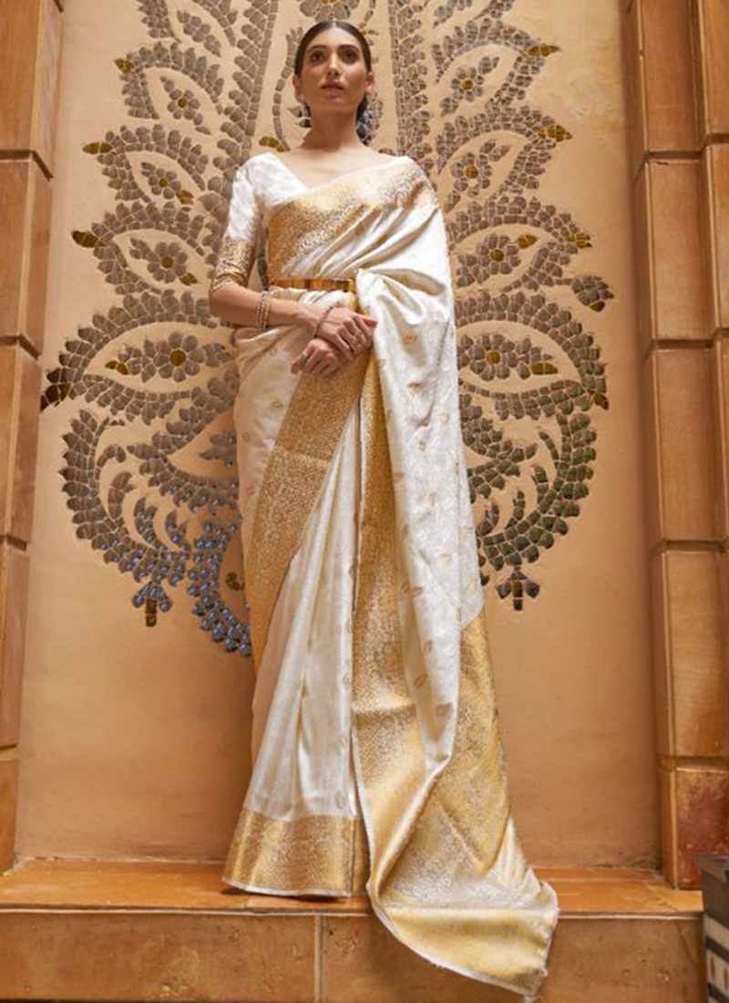 White saree with pearl necklace | Simple saree designs, Fancy sarees party  wear, Sarees for girls