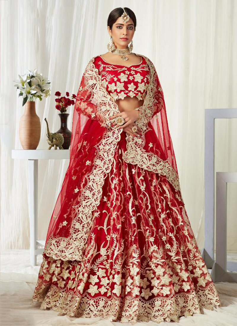 Full sequence matte gold work that glistens with regal allure, a lehenga  adorned with a broad