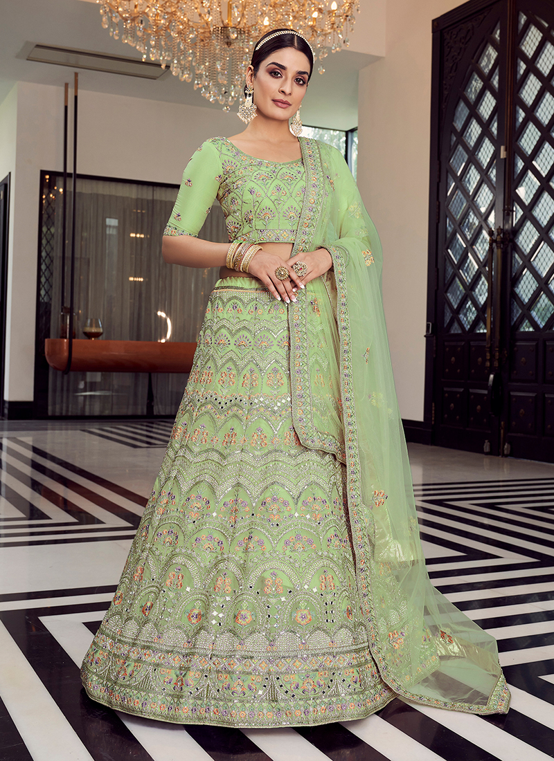 panchhi Olive Green & Gold Embellished Mirror Work Lehenga & Blouse With  Dupatta - Price History