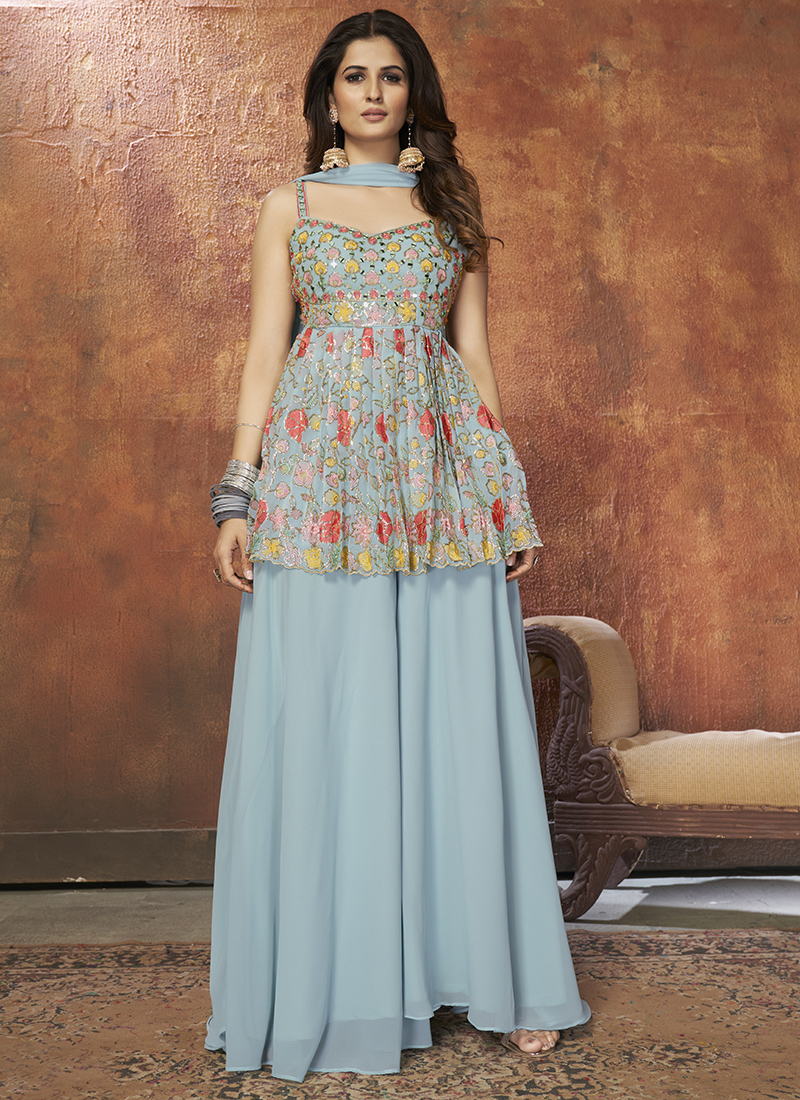 Embroidered Navy Blue Color Wedding Wear Readymade Designer Sharara Style  Palazzo Suit In Georgette Fabric