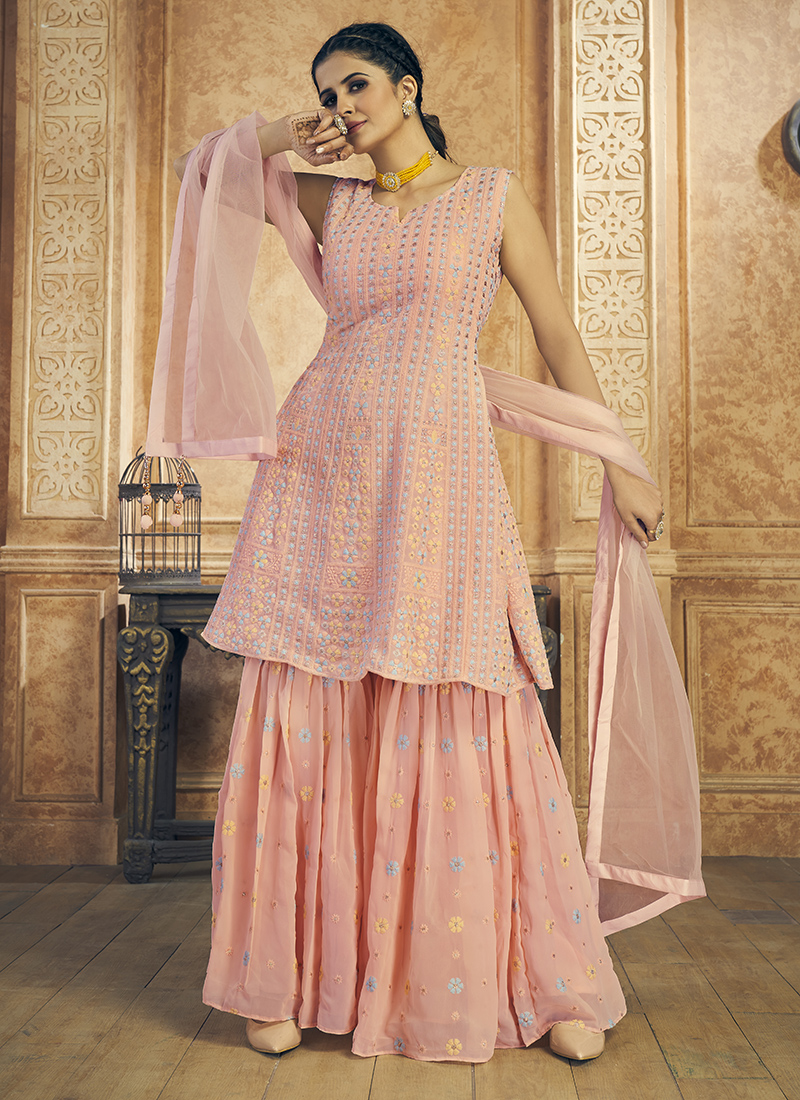 Buy Peach Georgette Wedding Wear Sequins Work Readymade Salwar