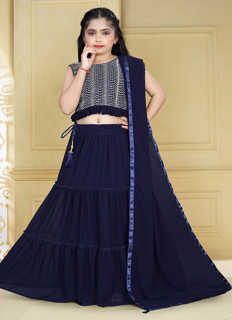 Buy Navy Blue Shaded Net Embroidered Kids Lehenga Choli Online