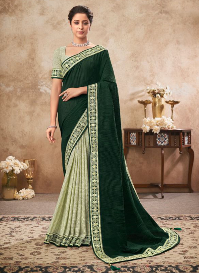 Buy Bottle Green Pure Chinnon Party Wear Embroidery Work Saree ...