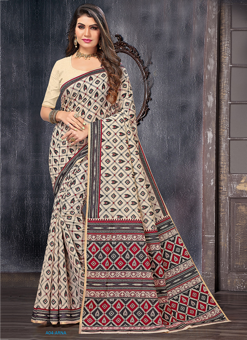 Cream Cotton Daily Wear Printed Work Saree ARADHANA A04