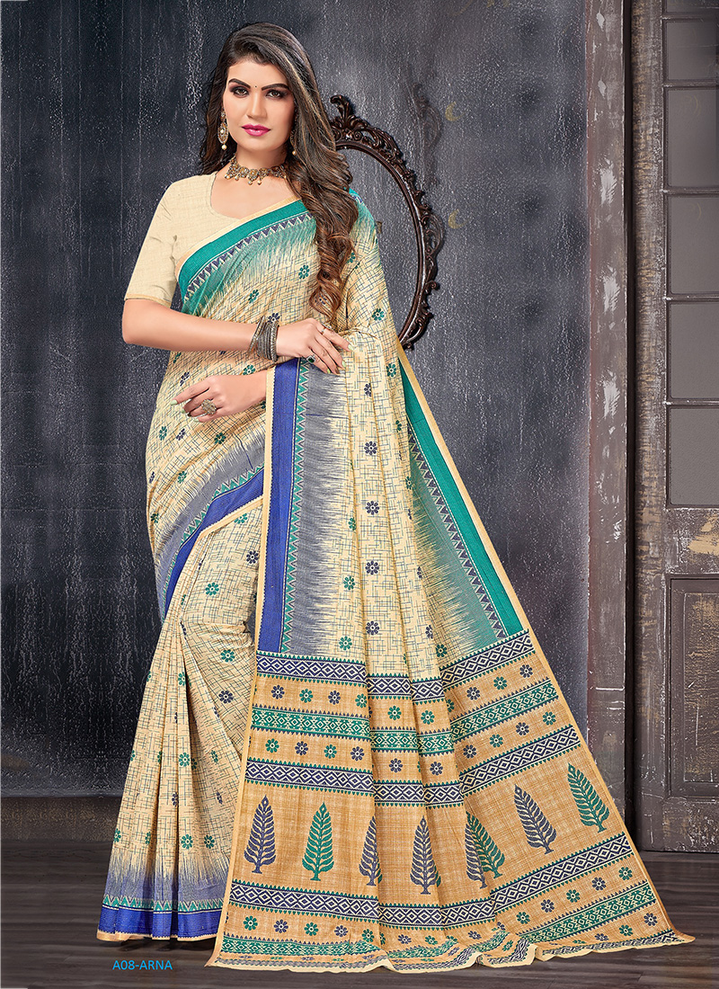 Fancy Cream Cotton Daily Wear Printed Work Saree